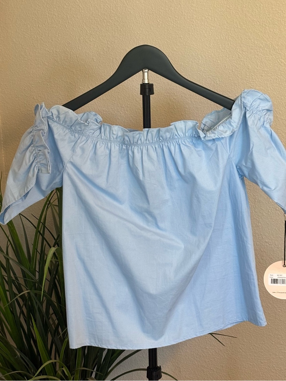 Off-Shoulder Light Blue Ruffle Blouse